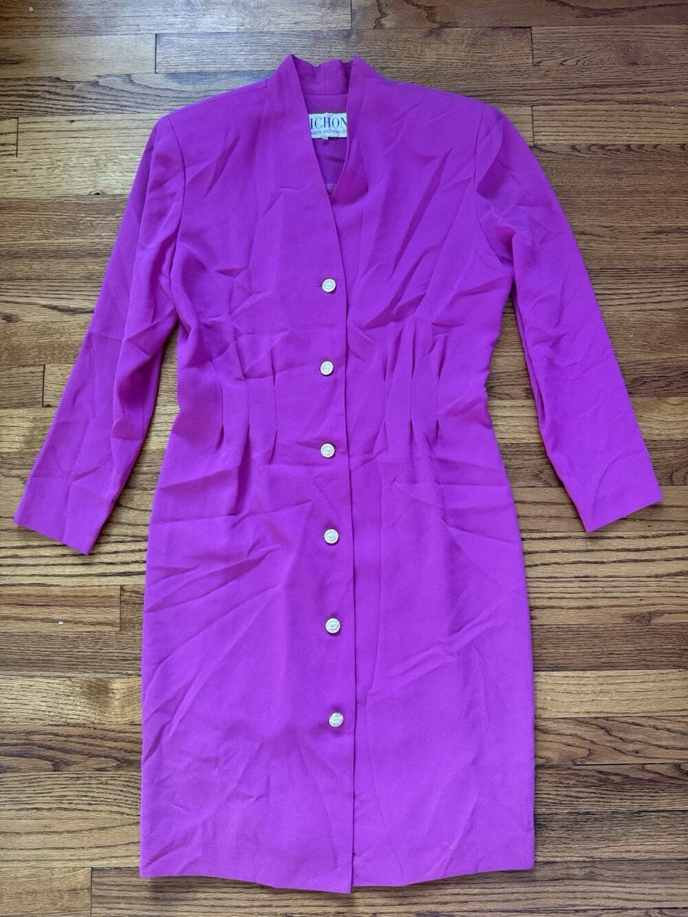 Vintage 80s 90s Bichon Sara Edwards Fuchsia Pink Pleated Waist Dress Womens L